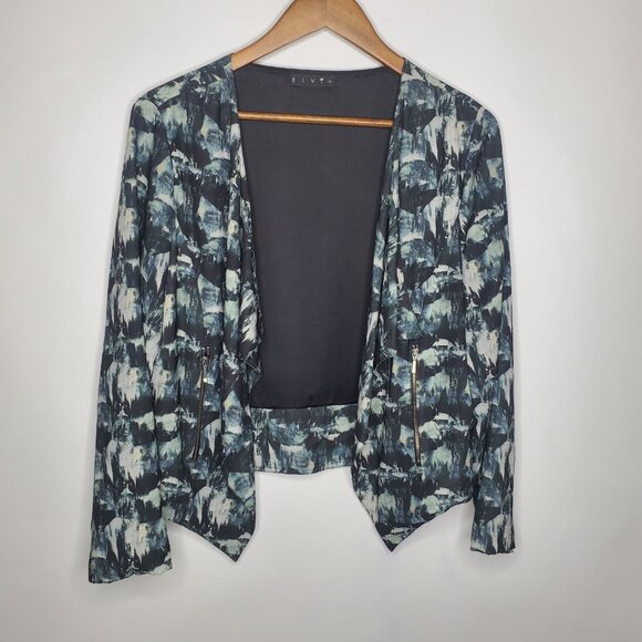 Elvi Womens Cropped Open Jacket Size 14 Green Abstract Pointed Hem Zip Pocket - Picture 1 of 9
